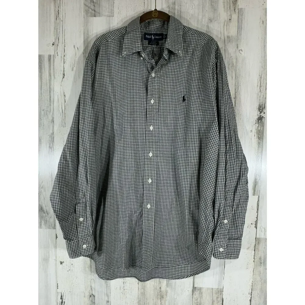 Ralph‎ Lauren Mens Blake Button Up Size Large Black White Shepherd Check Vintage